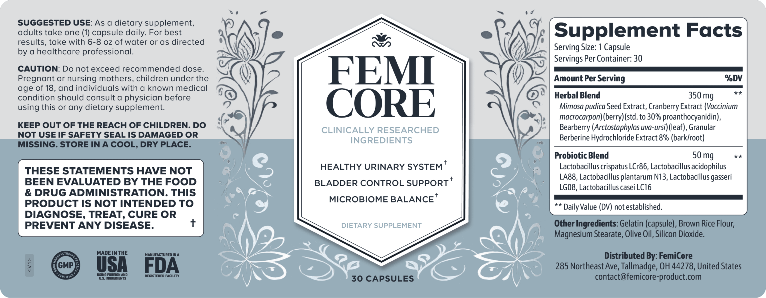FemiCore ingredient label